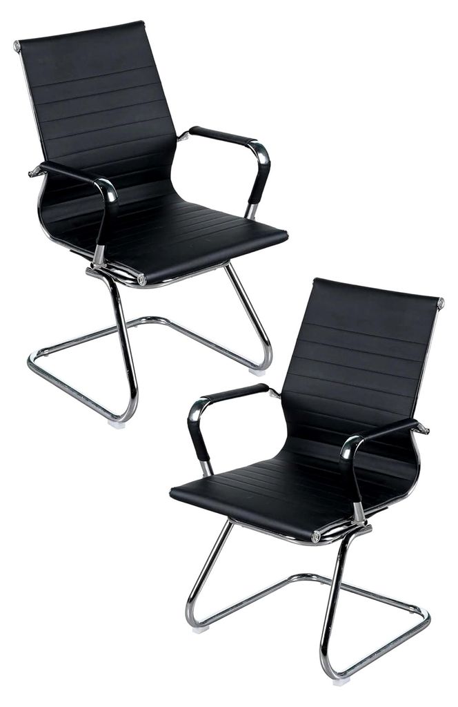Besucherstuhl Freischwinger 2er Set, Konferenzstuhl aus Kunstleder in Schwarz, Bürostuhl mit Chromgestell, Wartezimmerstuhl mit Armlehnen, bequeme...