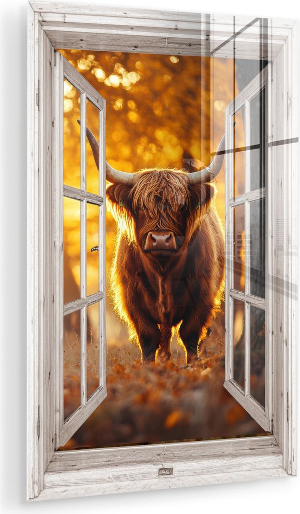 MuchoWow Glasbilder - Bilder auf Wandbild - Foto auf Glas Schottische Hochlandrind - Wald - Herbst - Tiere - Natur - Blätter - Durchblicken 80x120...