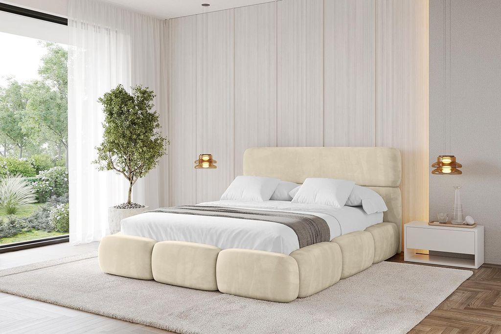 ALTDECOR Polsterbett mit Bettkasten - ELVA 140x200 Beige - Bett mit Matratze H3/H4, Kopfteil, Boxbett, Doppelbett mit Stauraum