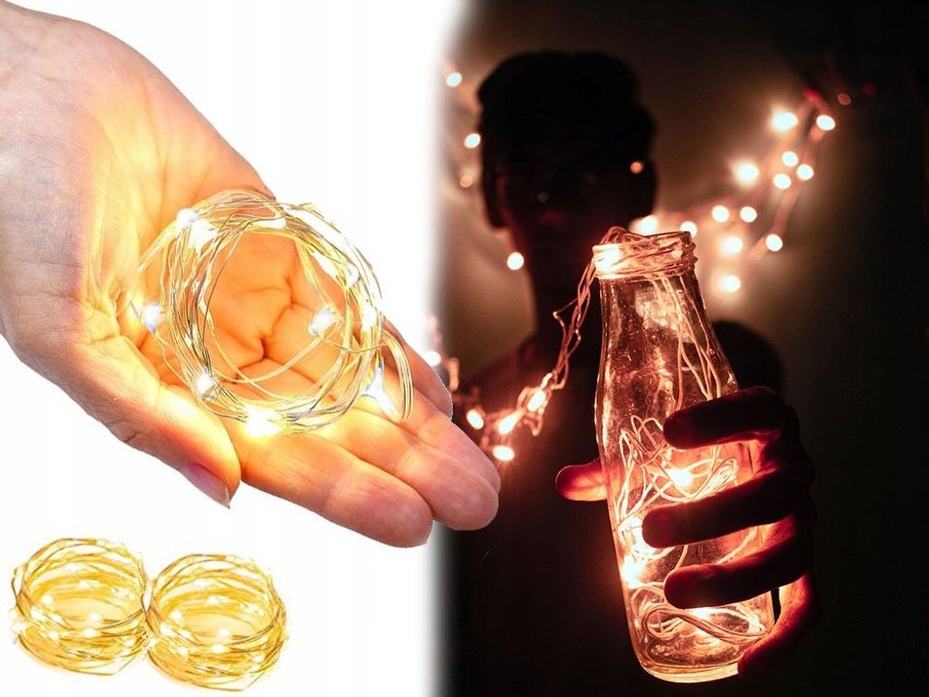 A split image showing a hand holding a coil of fairy lights on the left, and a person holding a glass bottle filled with fairy lights on the right.