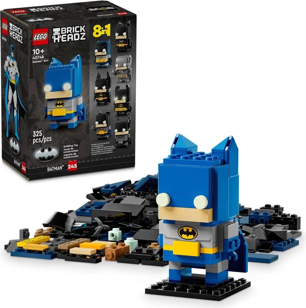A LEGO BrickHeadz Batman 8-in-1 set is shown, with the box on the left and a built figure and scattered bricks on the right.