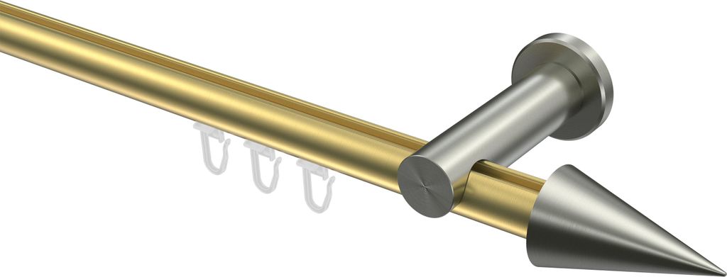 Interdeco Innenlaufstange / Gardinenstange mit Innenlauf Messing-Optik / Edelstahl-Optik, Typ Platon Savio (Kegel), 20 mm Ø 1-läufig, 100 cm