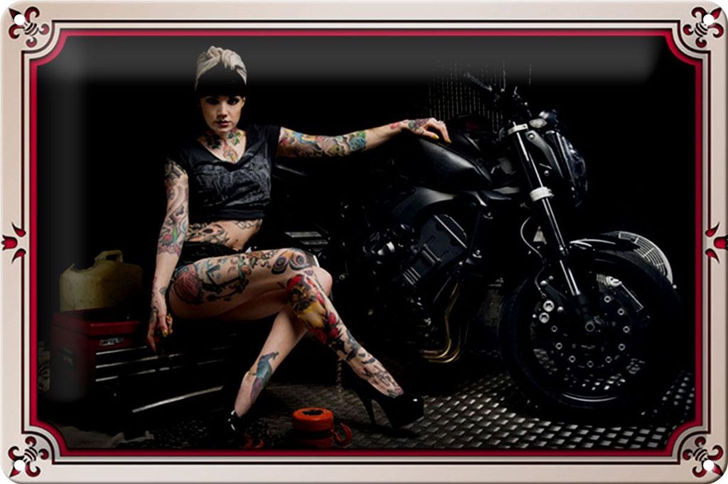Blechschild Motorrad 30x20cm Biker Girl Pinup Frau Tattoo