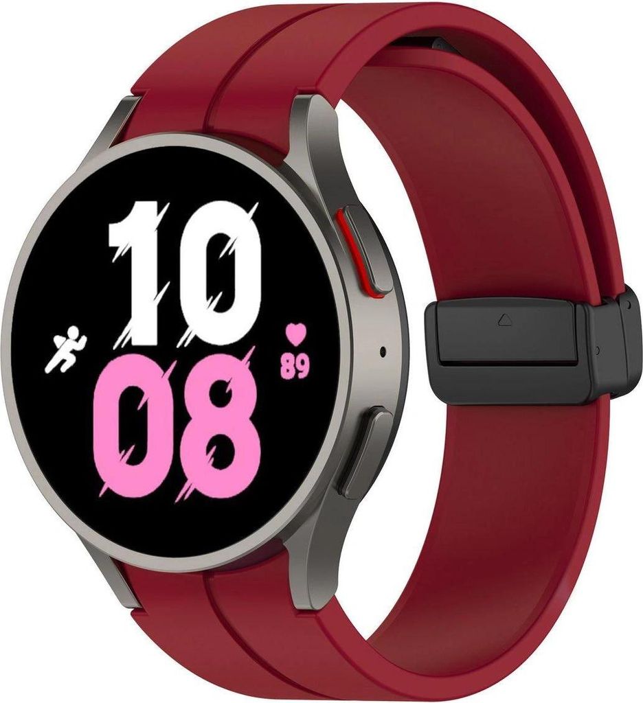 A close-up studio shot of a smartwatch with a red strap.