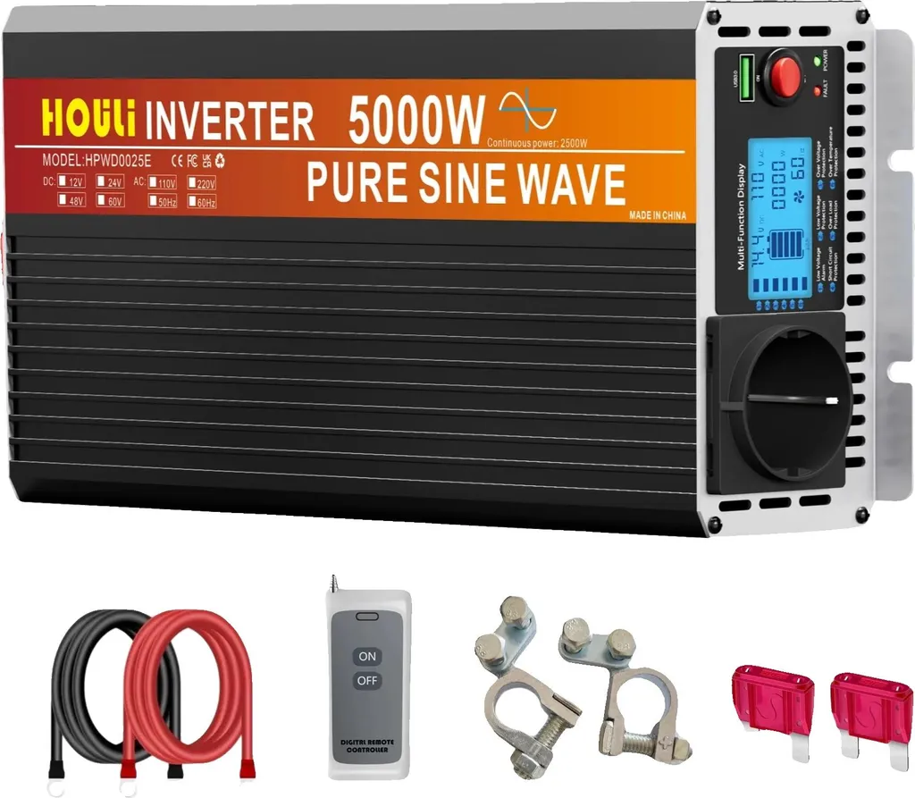 Onduleur 12V 220V 5000W avec Contrôle à Distance et Double Prise AC