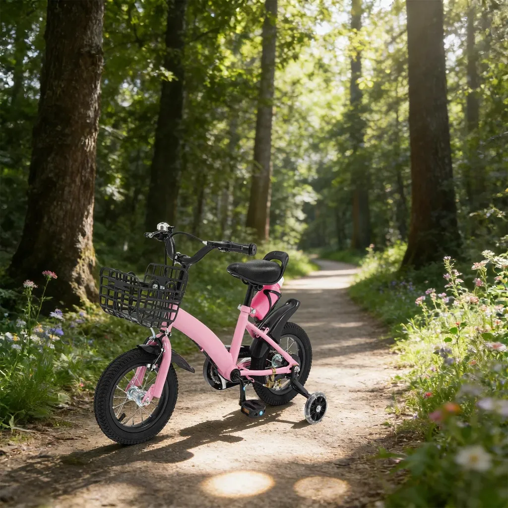 Vélo Enfant 12 Pouces Pour Fille 2-5 Ans, Rose, Avec Roues Stabilisatrices, Panier, Freins Sûrs