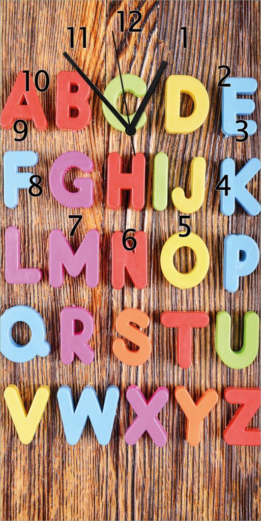 Wallario Design Wanduhr bedruckt, Größe 30 x 60 cm, Motiv: Bunte Buchstaben - Alphabet auf Holz