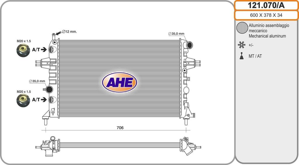AHE 121.070/A Kühler Wasserkühler Motorkühler für OPEL Astra G CC (T98) Zafira A (T98) Astra G Caravan (T98) ASTRA G Cabriolet (F67) Astra G Coupe