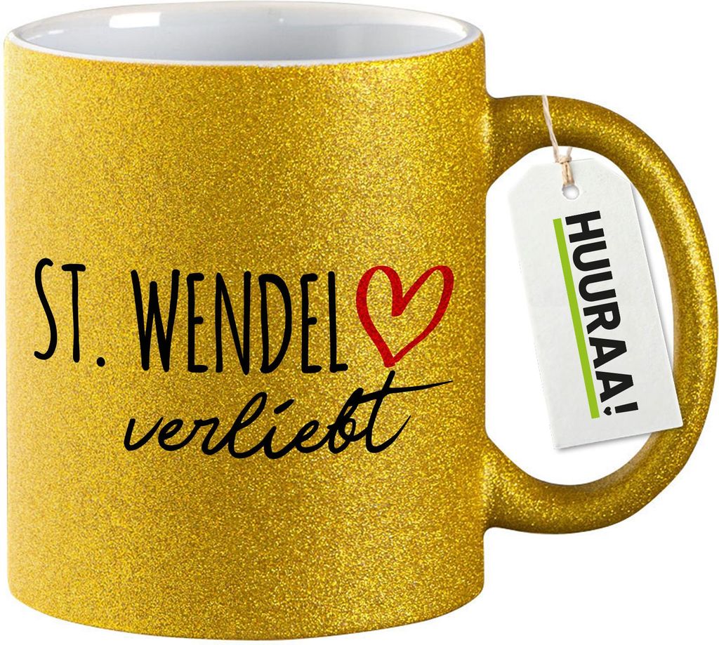 Huuraa Glitzertasse St. Wendel verliebt 330ml Gold Keramik Kaffeebecher Geschenkidee