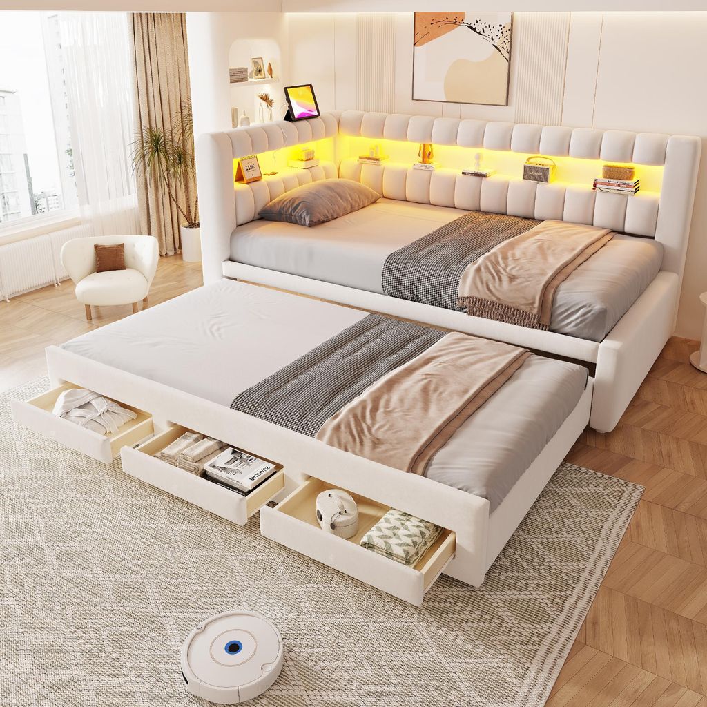 Cama tapizada Merax, sofá cama de 90x190 cm con iluminación Imagen del producto 