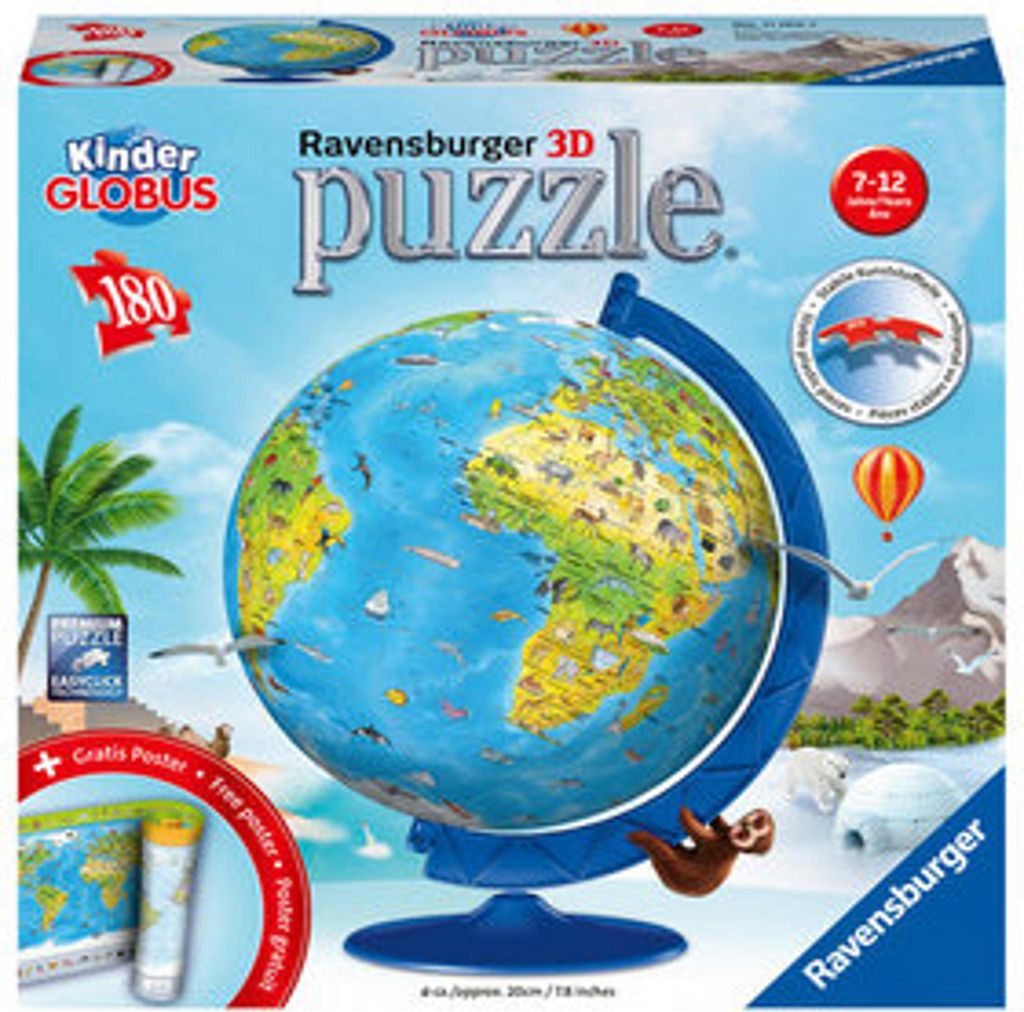 The image shows the packaging of a 3D puzzle globe for children, featuring illustrations of animals and geographical features.