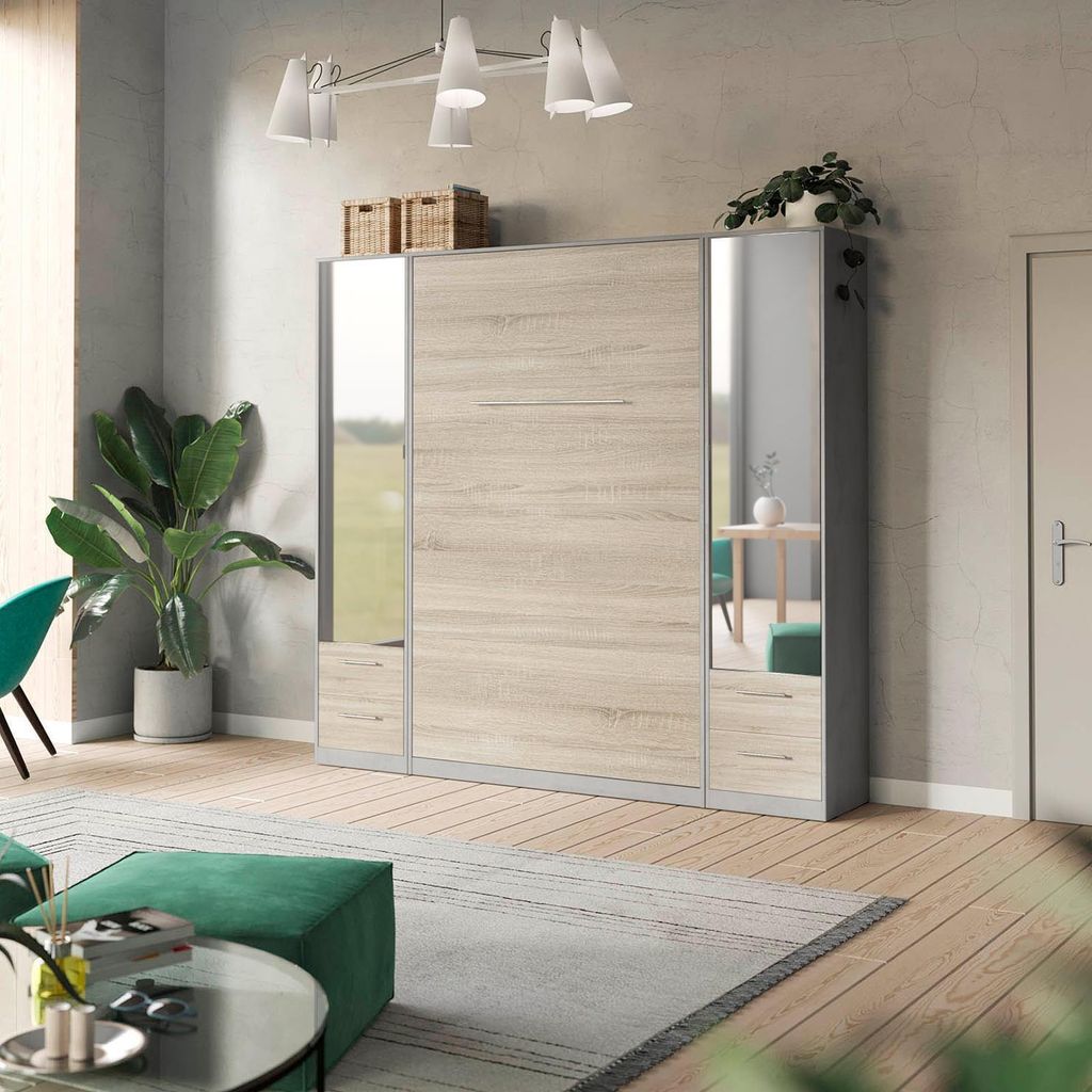 SMARTBett Spiegelschrank Kleiderschrank mit Spiegeltür 50cm Beton/Eiche Sonoma