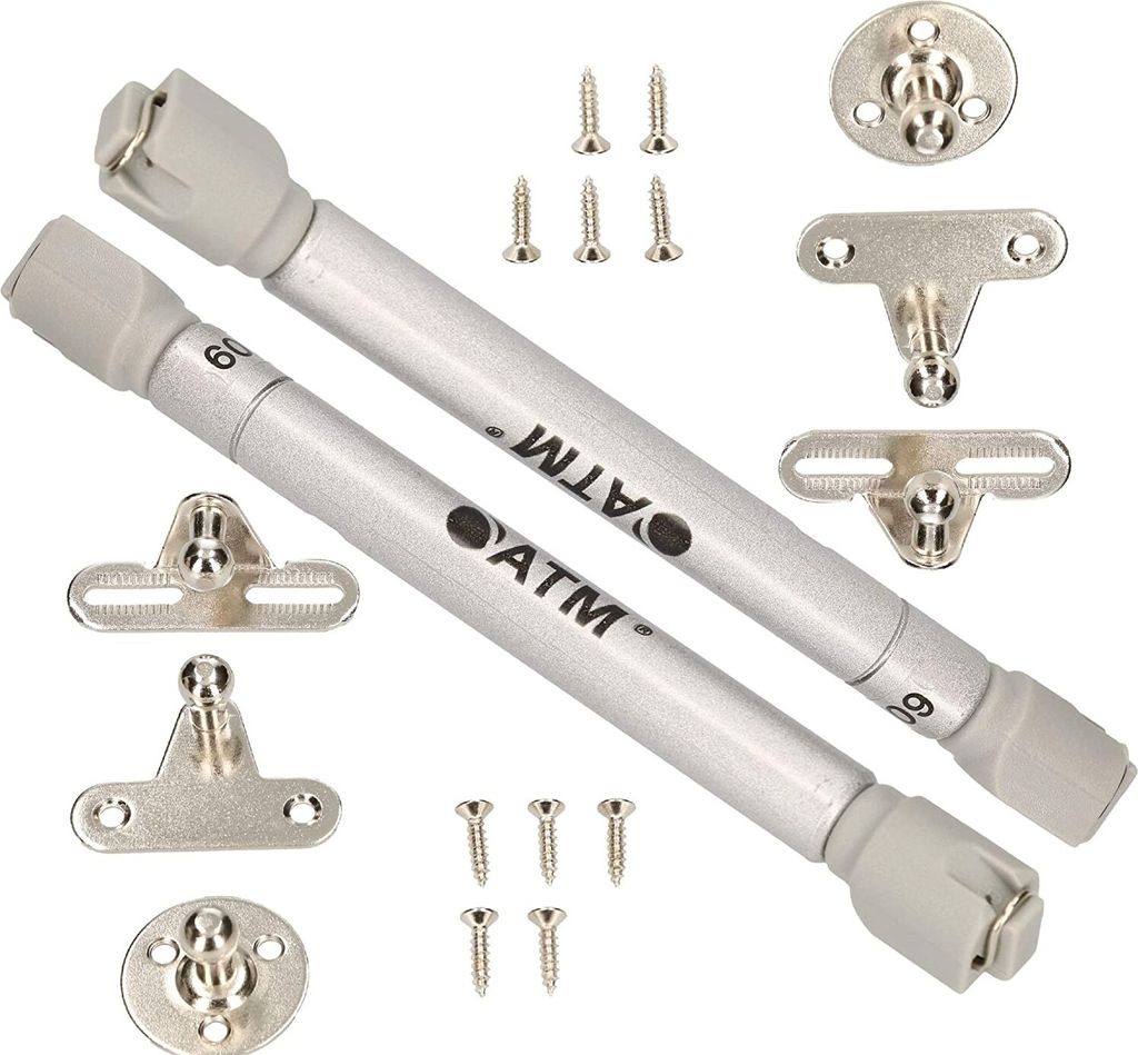 A set of two silver gas springs with mounting hardware and screws, laid out on a white background.