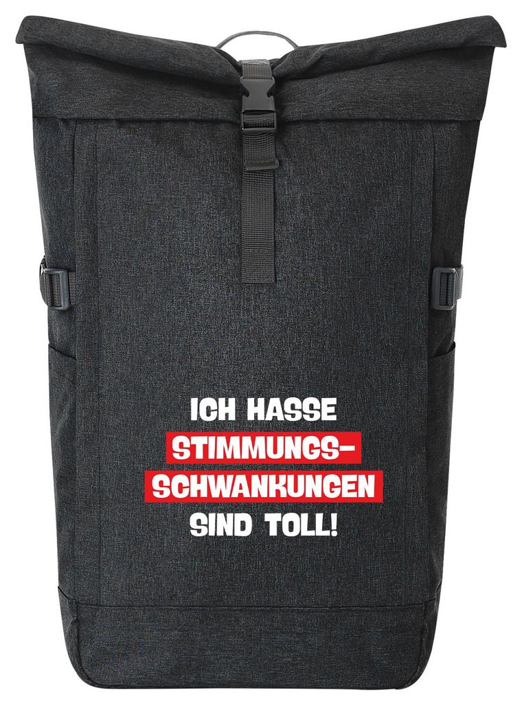Huuraa Kurierrucksack Ich hasse Stimmungsschwankungen sind toll 30-44 Liter Black Melange Fairtrade Rolltop Rucksack Geschenkidee