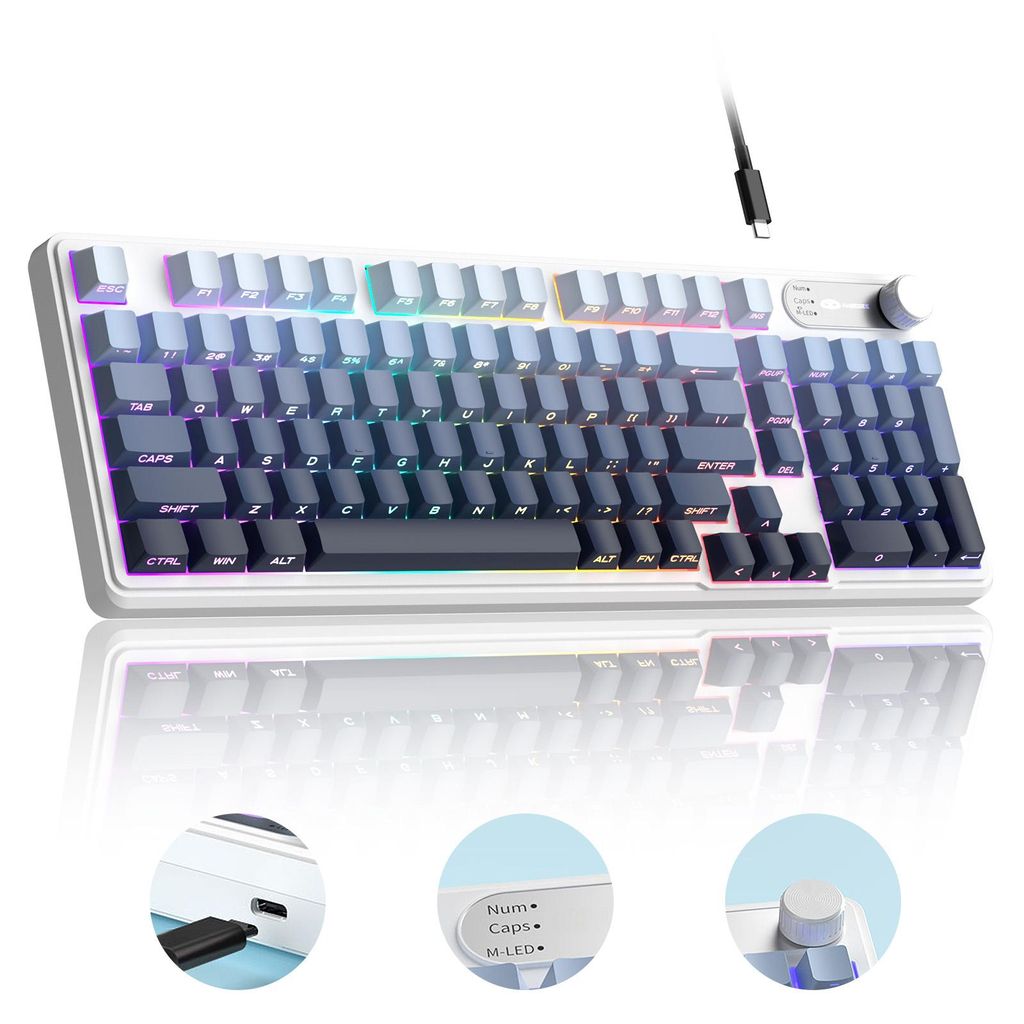 95% Membran Tastatur 98 Tasten, Gaming-Tastatur, RGB Beleuchtung, Lautstärke Drehknopf, Side Printed Keycaps, Leise Eingabe, USB, Windows Mac