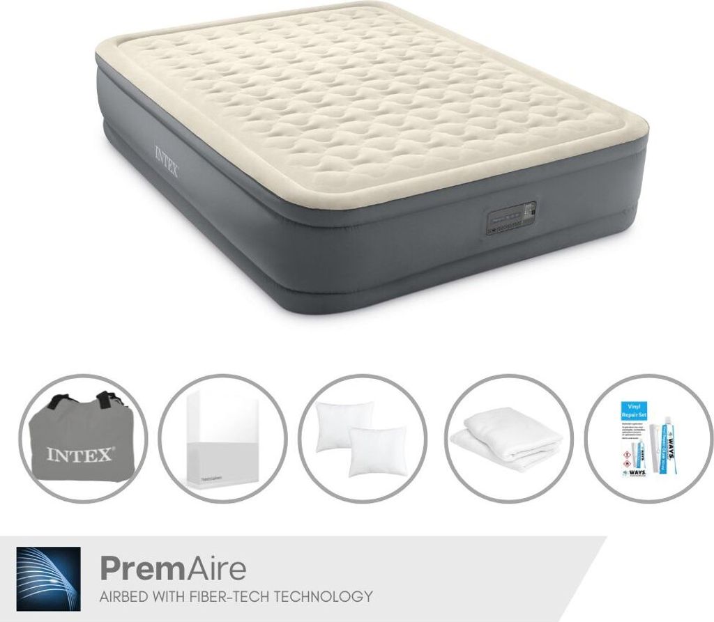 Intex Luftbett - 2 Personen - 152 x 203 x 46 cm - Grau - Mit elektrischer Pumpe + Spannbettlaken Weiß + Kopfkissen + Molton 2 in 1 Kissenbezüge +...