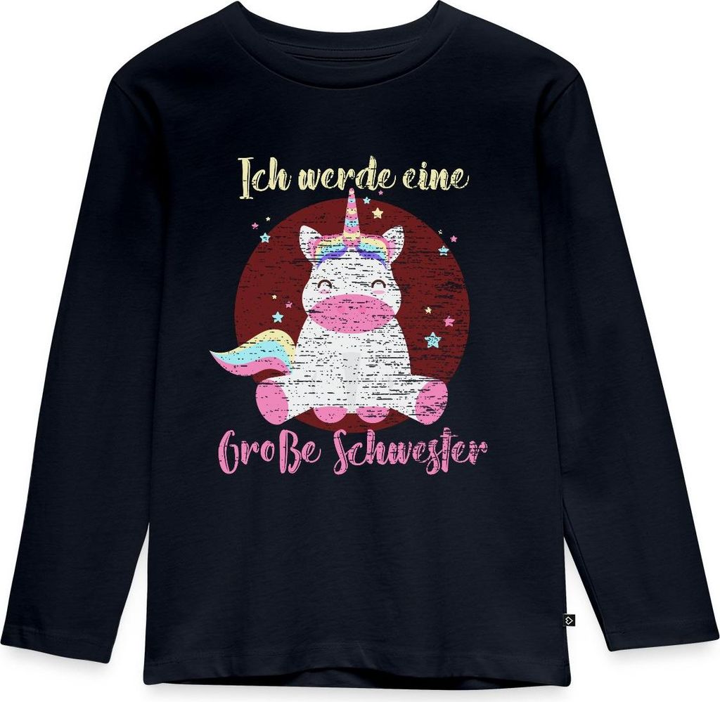 Spreadshirt Ich Werde Eine Große Schwester Einhorn Glücklich Kinder Premium Langarmshirt, 98/104 (2 Jahre), Navy