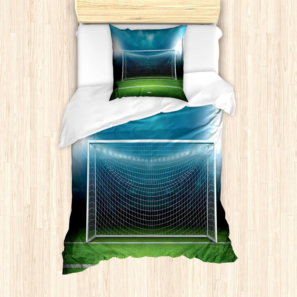 ABAKUHAUS Fußball Bettbezug Set, Soccer Goal Post Sportbereich Gewinner Verlierer Linie Flutlicht Best Team Finals Spiel Thema, 135 x 200 cm + 80 ...