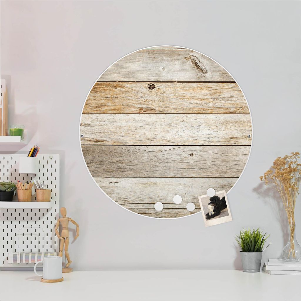 Design Stahlmagnettafel Weiß Rund 47cm Graues Holz