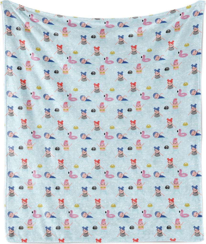 ABAKUHAUS Sommer Weich Flanell Fleece Decke, Mädchen und Zubehör in einem Pool Abgebildet in Nursery Stil, 175 x 230 cm, Baby Blue und Mehrfarbig