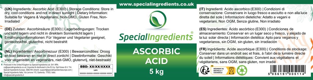 Special Ingredients Ascorbinsäure 5 kg - Vitamin C-Pulver, Teigstärkungsmittel, Teigverbesserer, Vegan