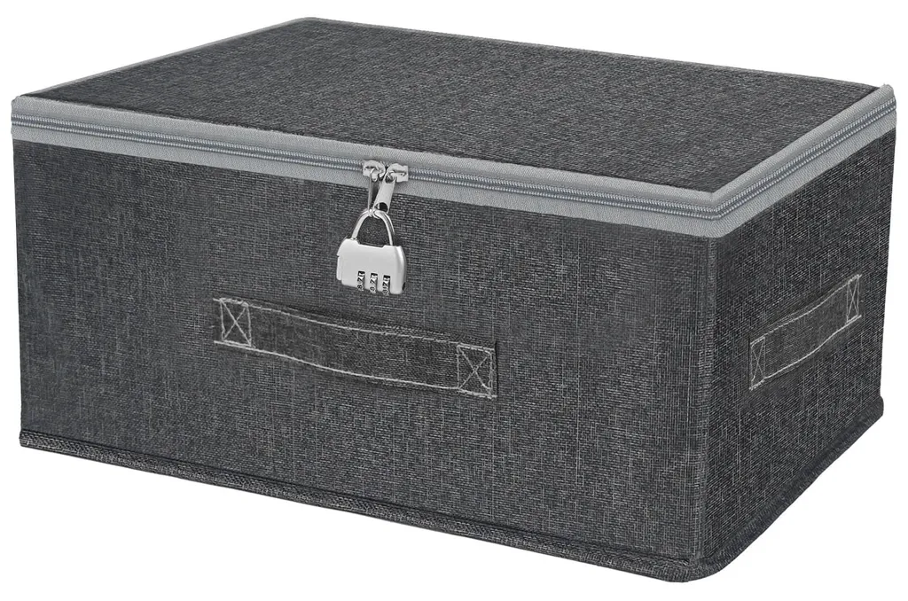 Boîte de rangement verrouillable en tissu gris avec serrure sécurisée