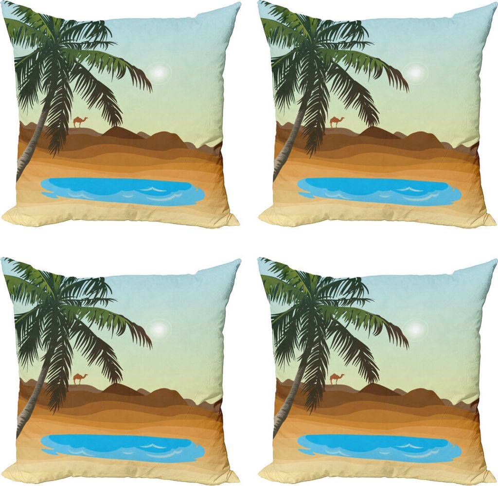 ABAKUHAUS Oase Kissenbezug Set (4 Stück), Baum und ein Kamel Far Away, Moderner Doppelseitiger Digitaldruck, 45 cm x 45 cm, Pastellgrün Multicolor