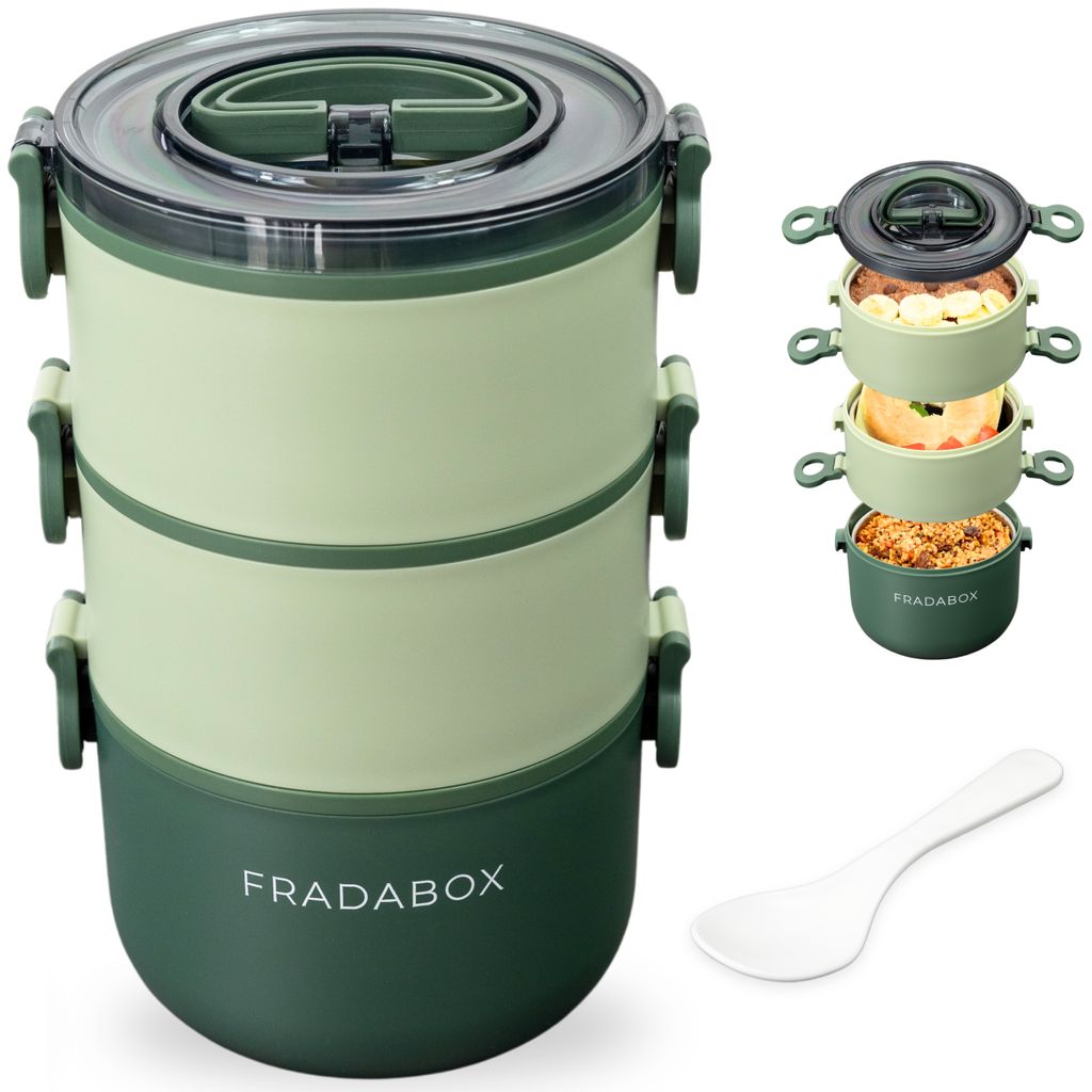 FRADABOX Bento Lunchbox „Elliot“ 2400ml, 3 Etagen mit Besteck, Premium Edelstahl Dose Grün, BPA-freie Brotdose groß, Meal Prep, Bento Box F...