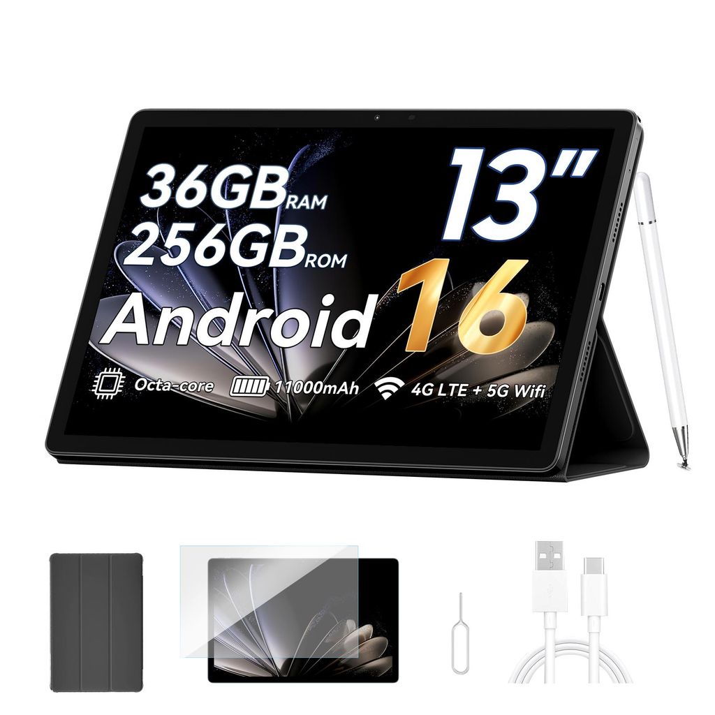 A tablet with its accessories displayed.