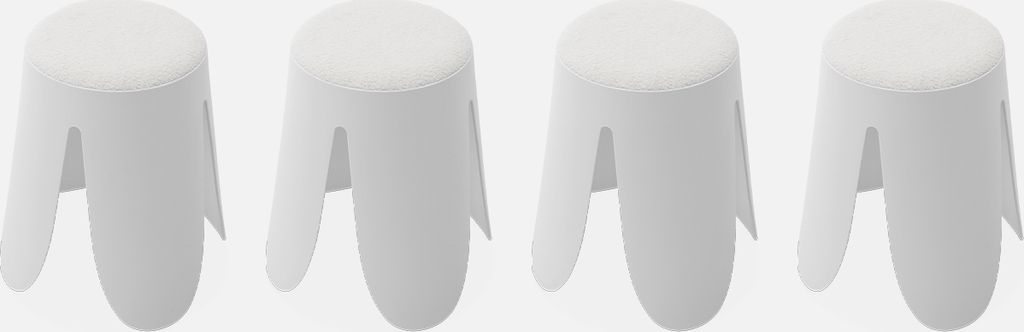 Four white stools are arranged in a row against a plain white background.