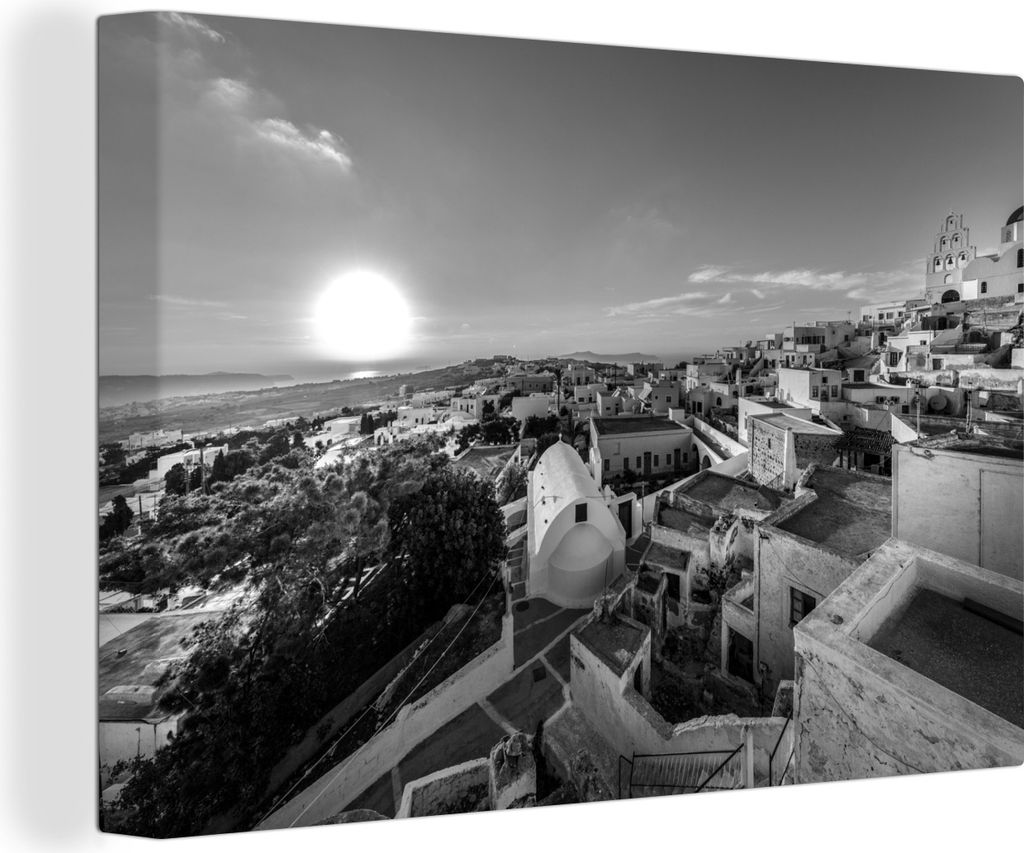 OneMillionCanvasses - Leinwandbilder - 140x90 cm, Sonnenuntergang über Pyrgos Santorini - schwarz und weiß, Wandbilder Kunstdruck Wanddekoration