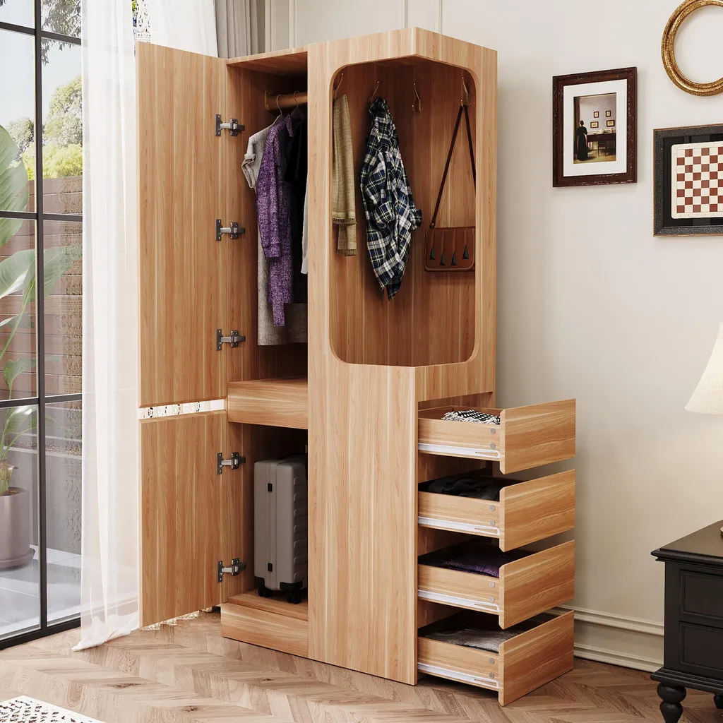 Armoire d'angle pour petit espace avec 4 tiroirs et portant intégré