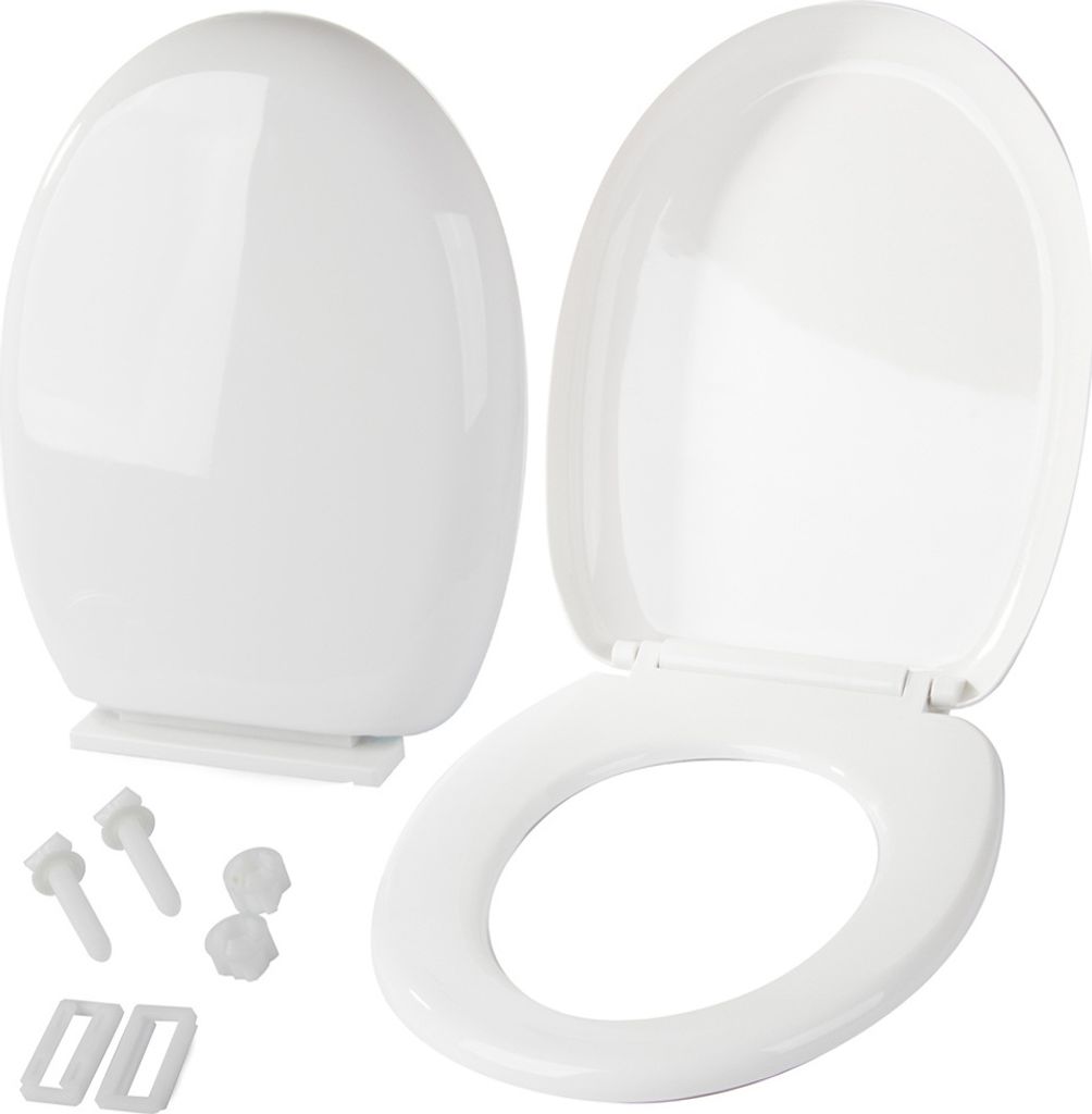 A white toilet seat and lid are displayed separately, along with installation hardware, on a white background.