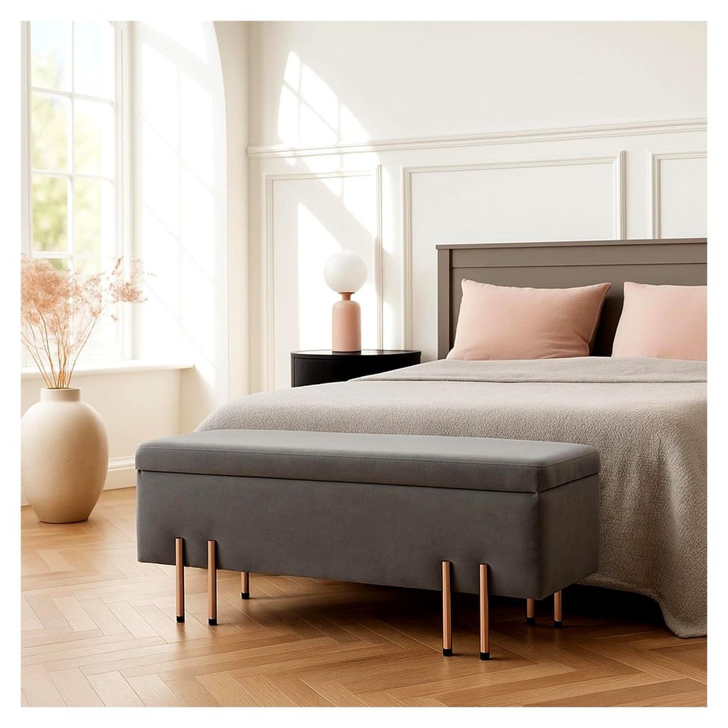 Sitzbank mit Stauraum, gepolstert, Samt, 100 x 40 x 42 cm, klappbarer Deckel, Metallbeine, Grau