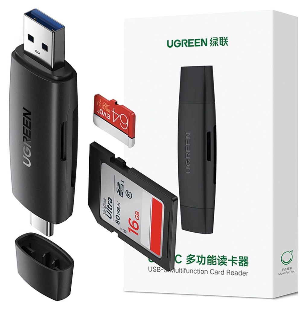 Ugreen SD-/Micro-SD-kaartlezeradapter (USB-A/USB-C), zwart Productafbeelding 