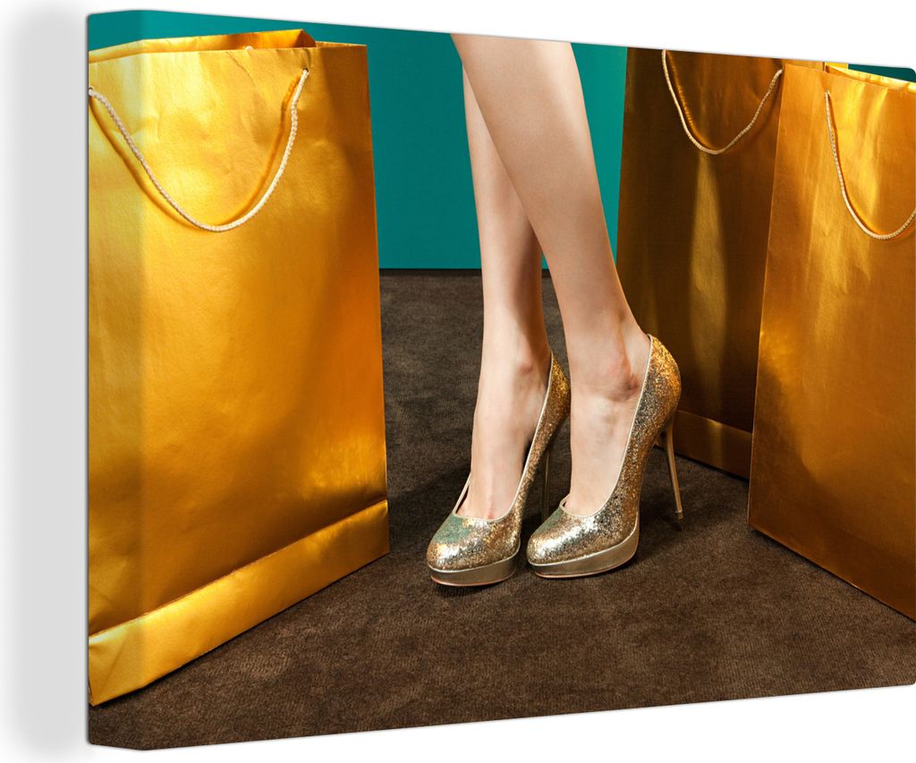 OneMillionCanvasses - Leinwandbilder - 140x90 cm, Frau trägt goldene hochhackige Schuhe, Wandbilder Kunstdruck Wanddekoration - Foto auf Leinwan...