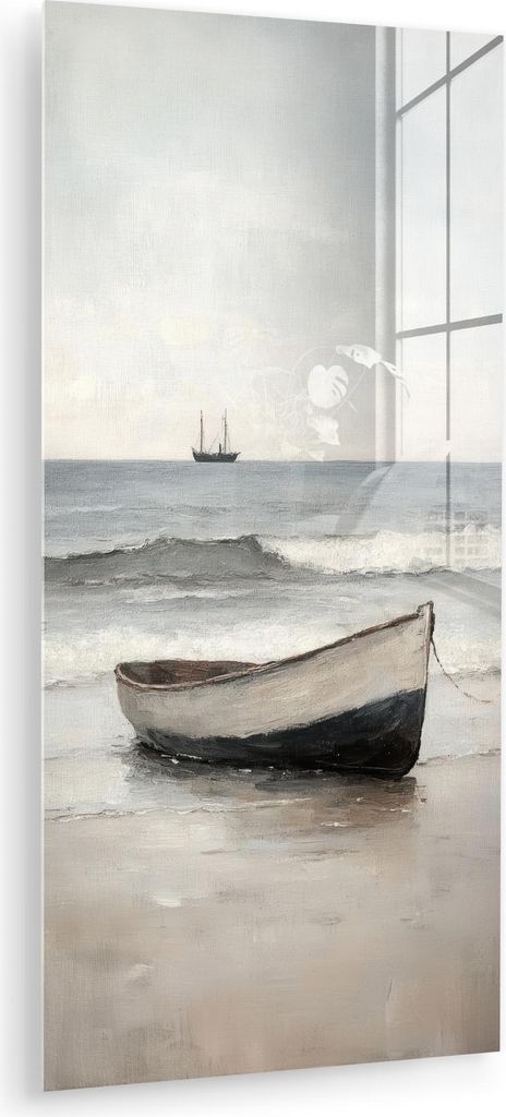 MuchoWow Glasbilder - Bilder auf Wandbild - Foto auf Glas Ruderboot - Meer - Horizont 60x120 cm Wanddekoration aus Glas - Acrylglasbild - Acrylbild...