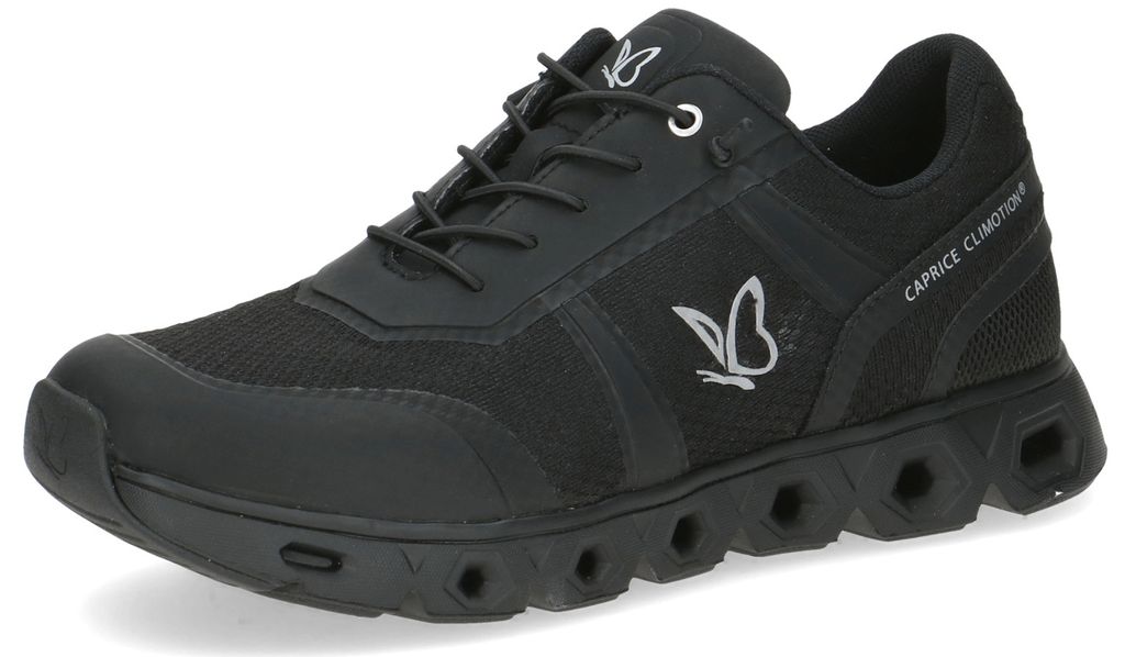 A single black athletic shoe is shown from a side-angle on a white background.