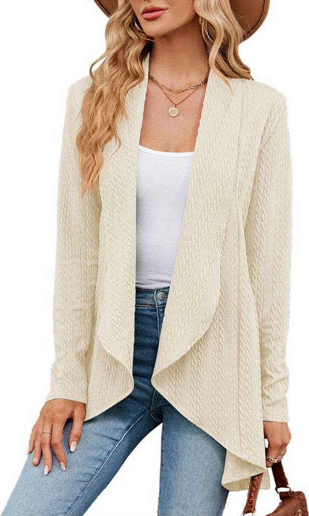 ASKSA Damen Strickjacke Langarm Einfarbige Cardigan Gestrickt Strickmantel High Low Saum Jacke Casual Top, Aprikose, M