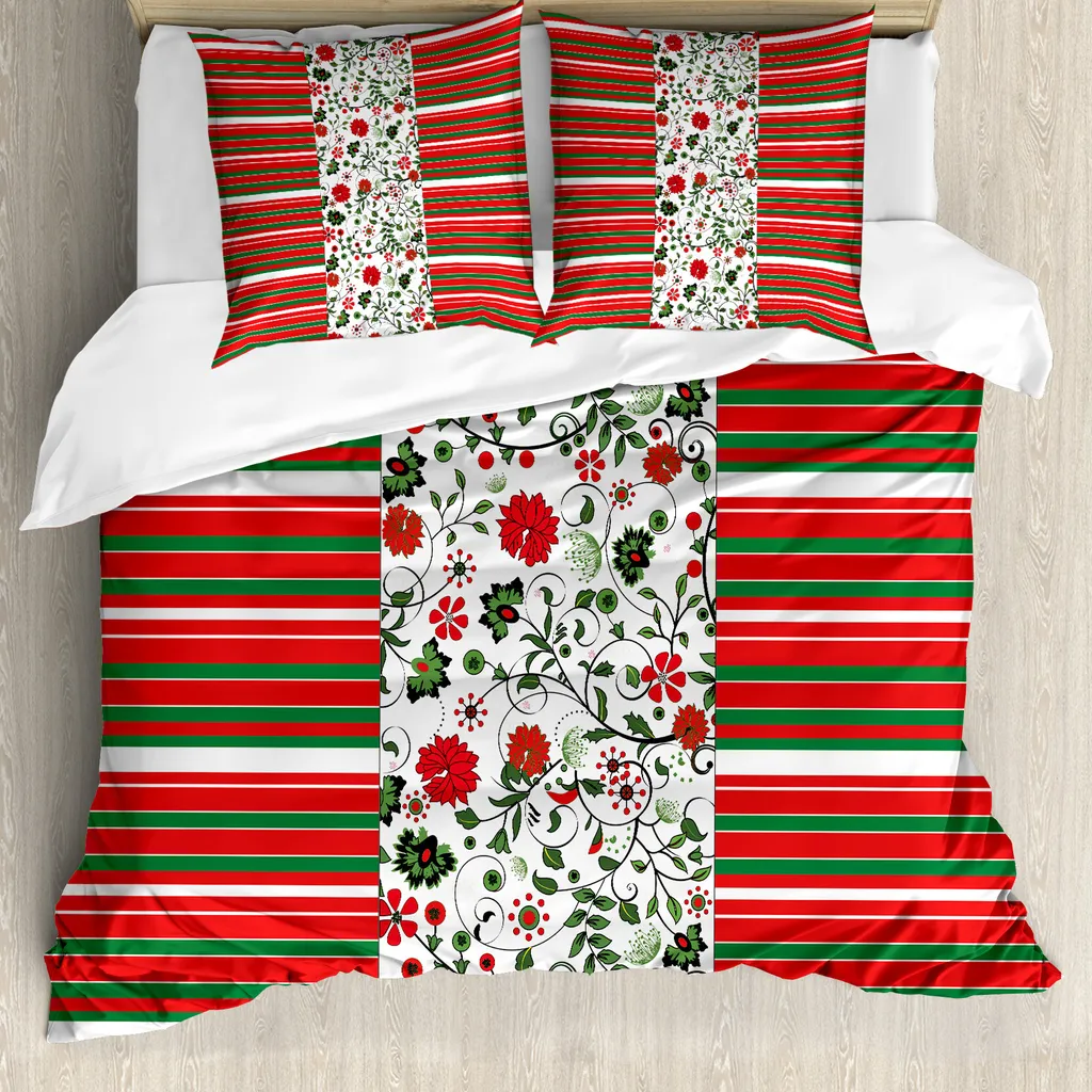Set Copripiumino ABAKUHAUS 155x220 cm Fiori e Righe Natale