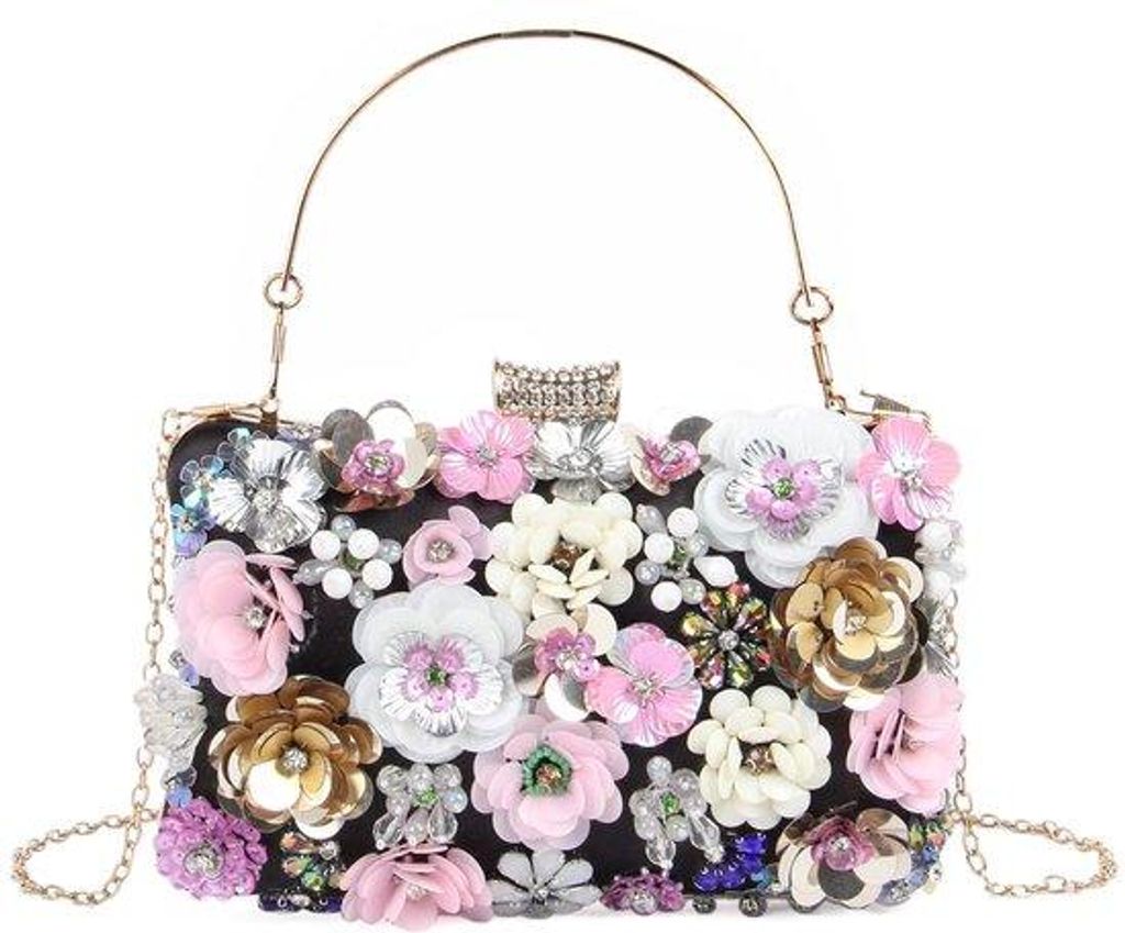Metalene Handtas mit farbenfrohen Blumen-Strass, Schwarz