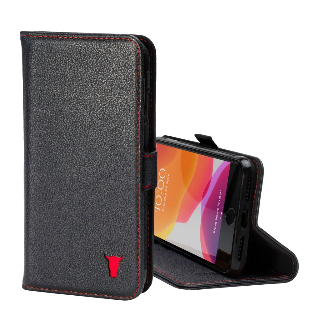 A black leather wallet case for an iPhone is shown open, displaying the phone screen and a red bull logo on the case.