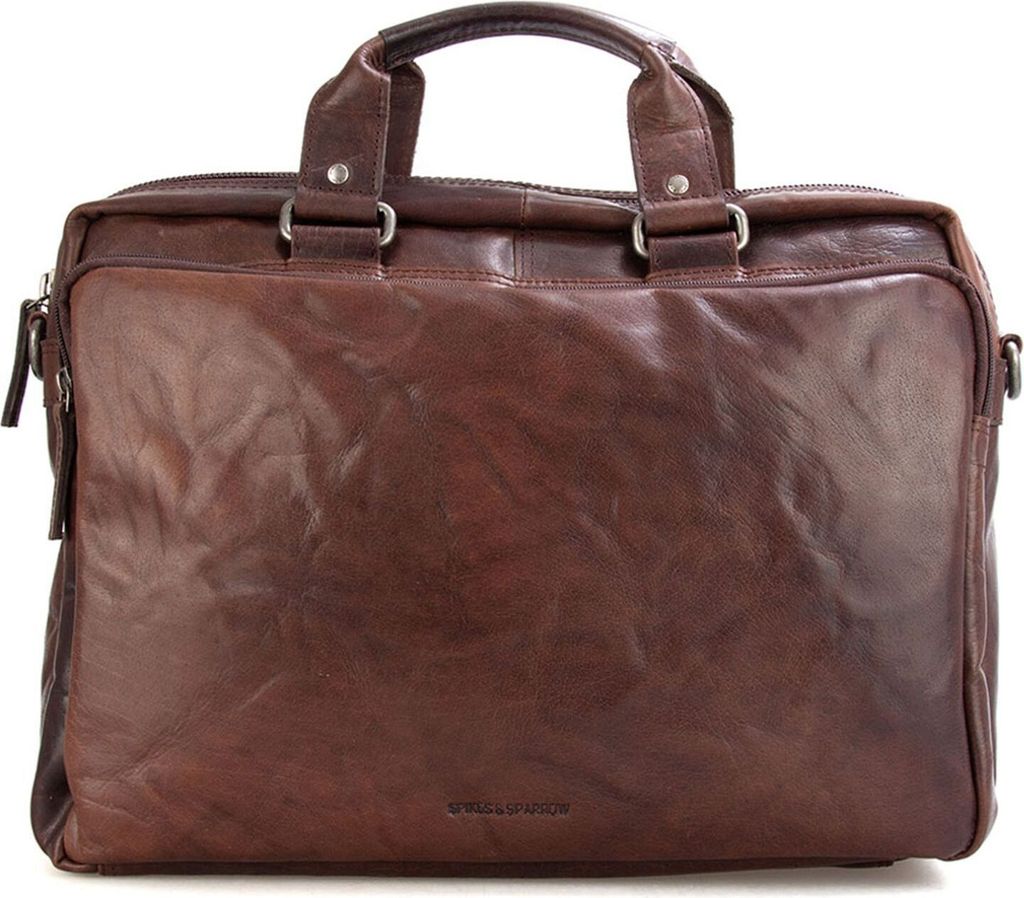 SPIKES & SPARROW Leder Businesstasche Schultertasche mit Laptopfach Bronco Business Bag Dark Brown dunkelbraun