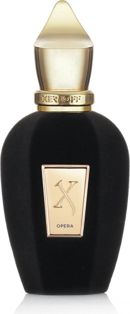 A black perfume bottle with gold accents and branding.