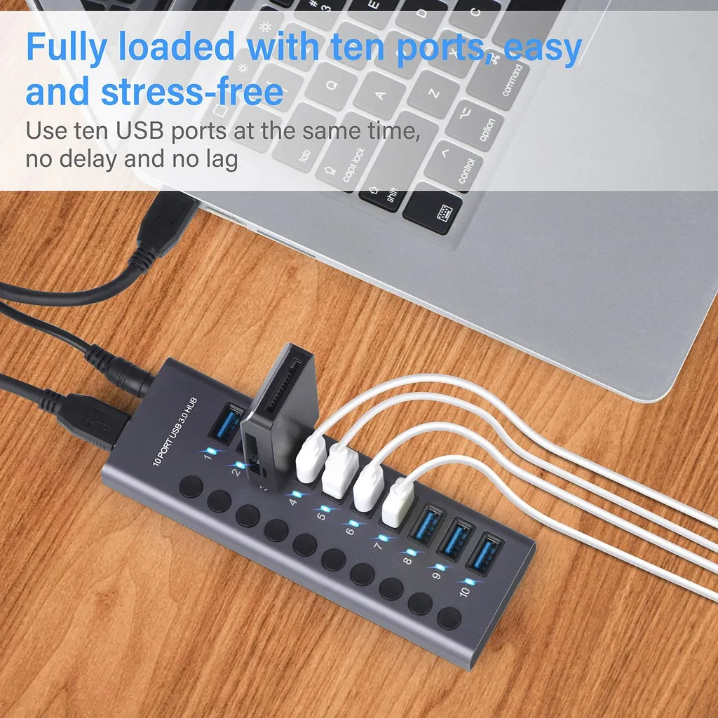 Hub USB 3.0 985A à 10 Ports avec Commutateurs et Adaptateur 12V 5A