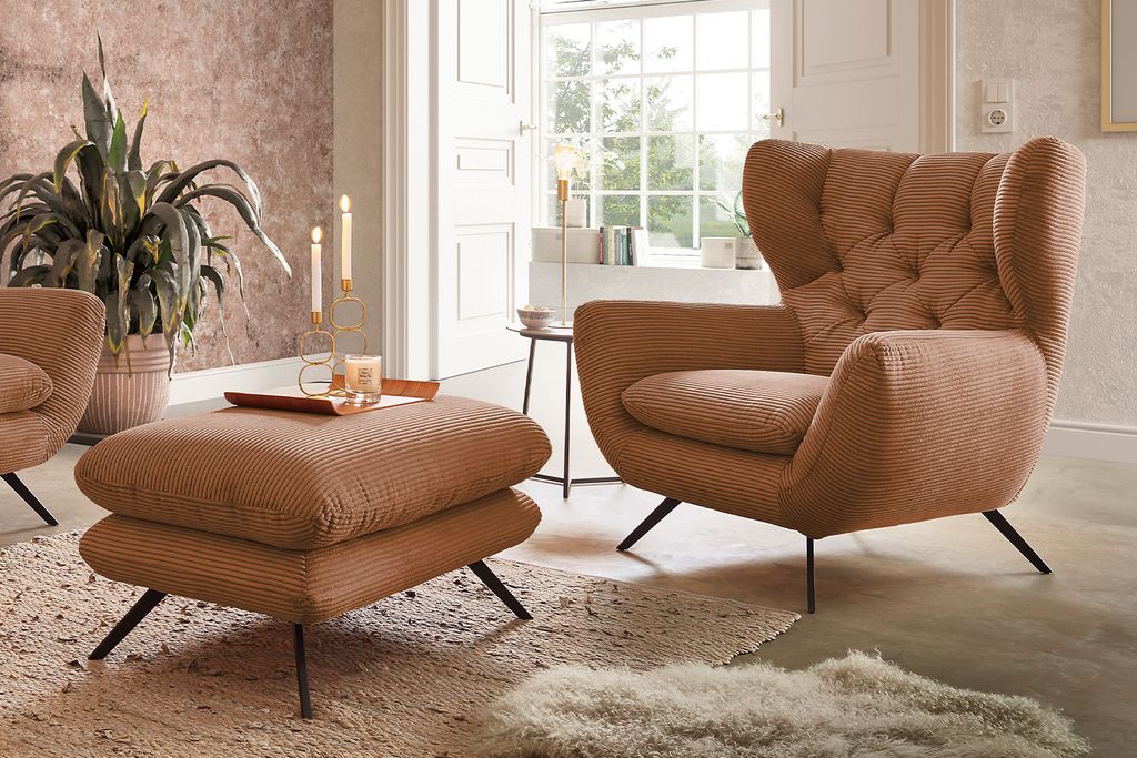 KAWOLA Sessel CHARME Hochlehnsessel Cord rost mit Hockerbank