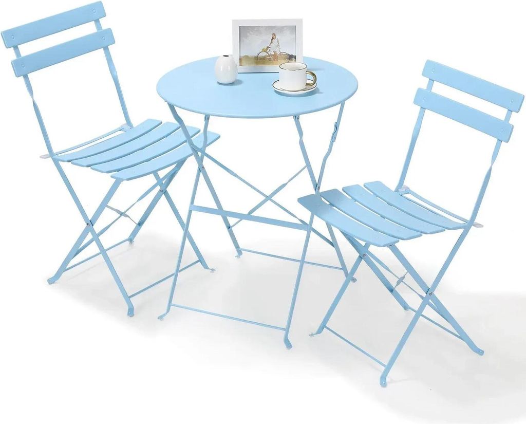 Gartenmöbel - Bistro-Set 3-teilig - Klappbar, Metall (Eisen), Für 2 Personen, Balkon/Terrasse/Garten, Tisch 60 x 60 x 72 cm - Himmelblau
