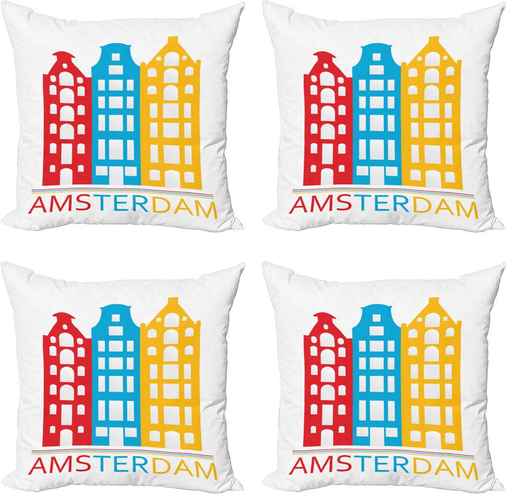 ABAKUHAUS Amsterdam Kissenbezug Set (4 Stück), Amsterdam Wording Häuser, Moderner Doppelseitiger Digitaldruck, 60 cm x 60 cm, weiß Multicolor