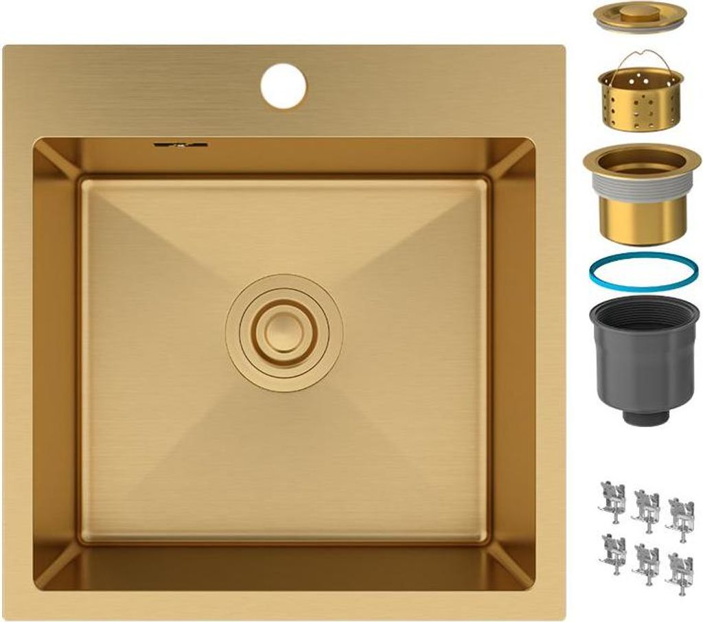 Granitan | Stahlspüle - Spülbecken 1-Kammer - 44,8x45,8 cm - Quadratisch - Gold - mit Siphon - Bari