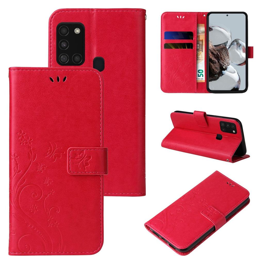 Collage of images showing a red flip phone case with floral and butterfly designs, including close-ups and different angles.
